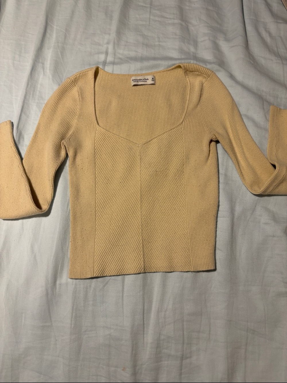 Ribbed Square-Neck Knit Top in Pale Yellow